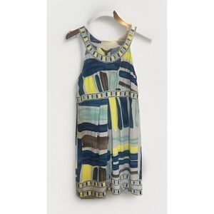 BCBG MAXAZRIA blue yellow gray paint streak poly knit empire career dress L.   C